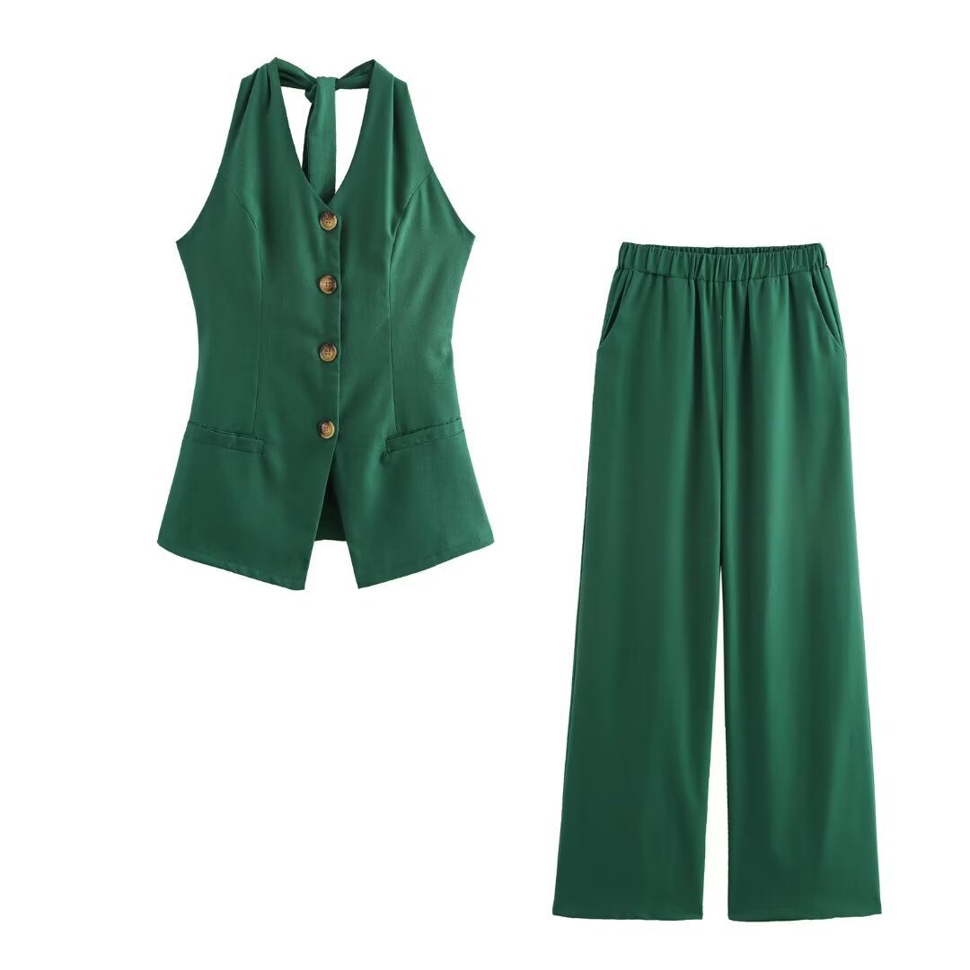 Women's Linen Halter Lace-up Top Vest Elastic Waist Wide Leg Trousers Suit