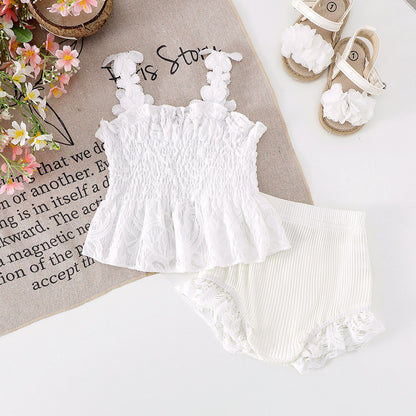 Mesh Smocking Sling Top Harem Pants Lace Two-piece Set