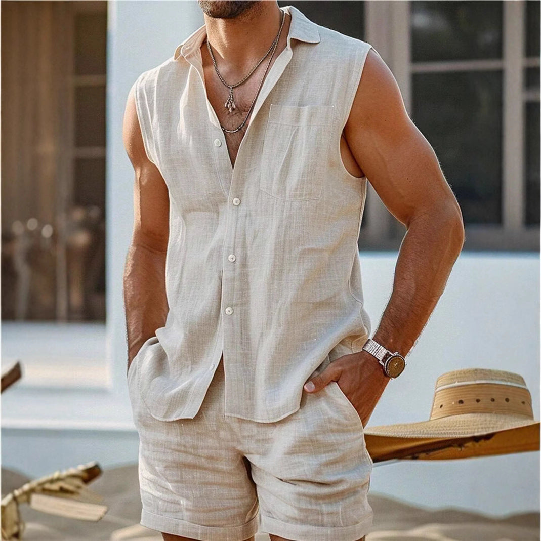 Men's Casual Stand Collar Cardigan Vest Cotton And Linen Style Suit