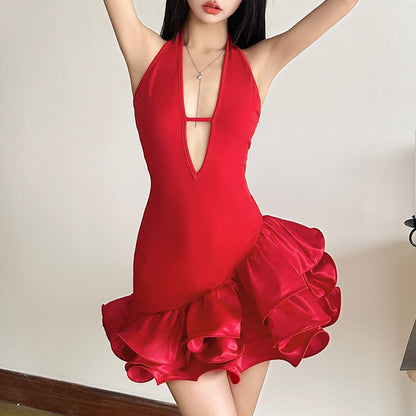 Women's Sexy Halter Backless Deep V Skirt Slim-fit Sheath Solid Color Dress