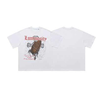 Vintage Cross Letter Printed Loose Short Sleeve T-shirt Men
