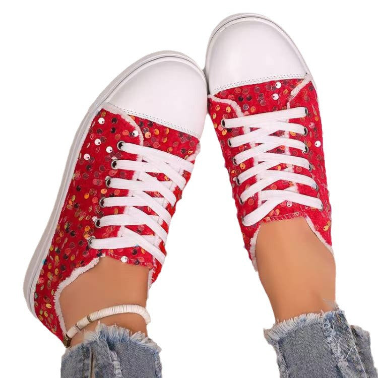 Fashion Round Toe Flat Bottom Lace-up Sequins Casual Pumps