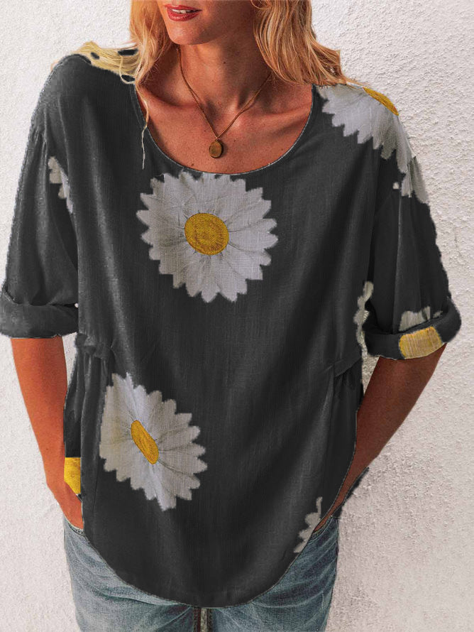 Mid-sleeved Chrysanthemum Cotton And Linen Printed T-shirt Women's Clothing