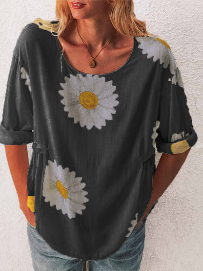 Mid-sleeved Chrysanthemum Cotton And Linen Printed T-shirt Women's Clothing