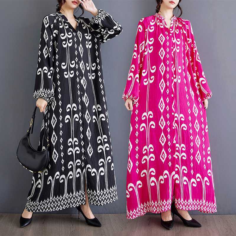 Autumn New Loose Printed Patchwork Stand-up Collar Casual Mid-length Dress