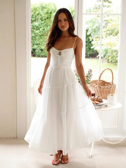 Women's Sleeveless Splicing Sling Long Tie Large Swing Dress