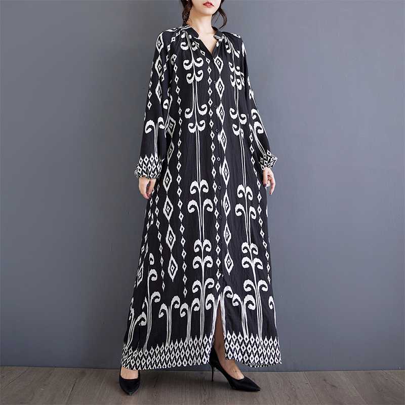 Autumn New Loose Printed Patchwork Stand-up Collar Casual Mid-length Dress