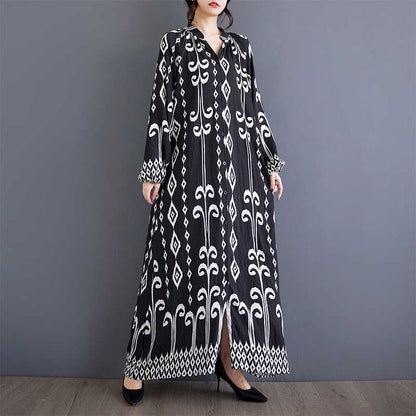 Autumn New Loose Printed Patchwork Stand-up Collar Casual Mid-length Dress