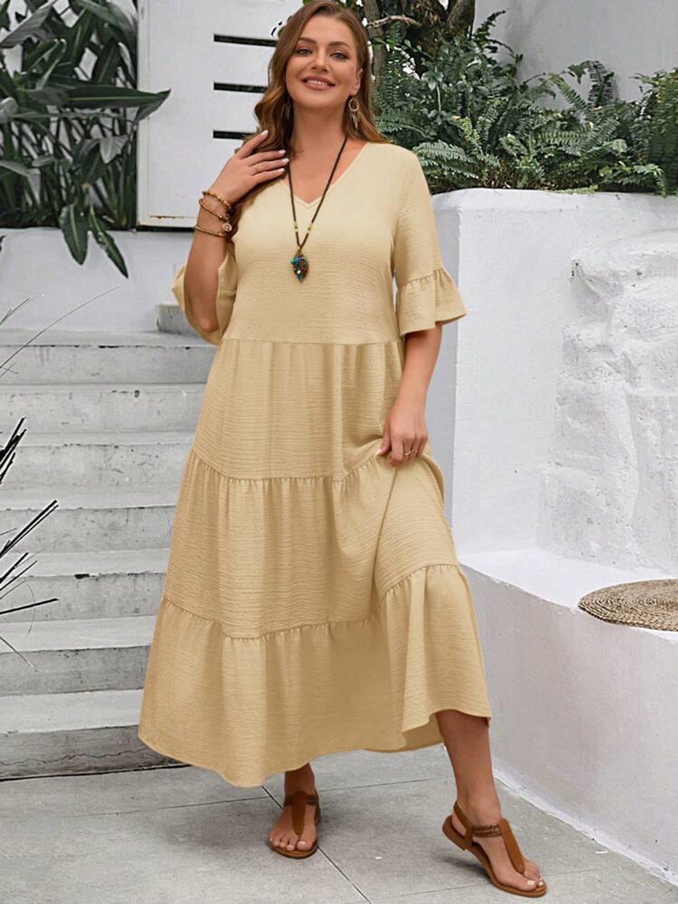 V-neck Stitching Multicolor Long Large Hem Plus Size Dress