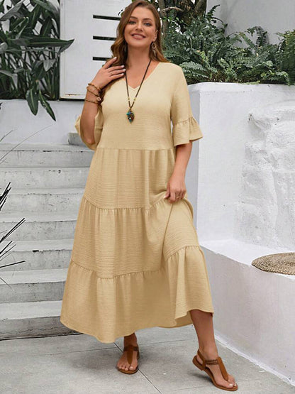 V-neck Stitching Multicolor Long Large Hem Plus Size Dress