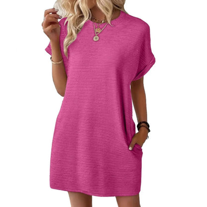 Loose Round Neck Pocket Solid Color Short Sleeve Dress Women