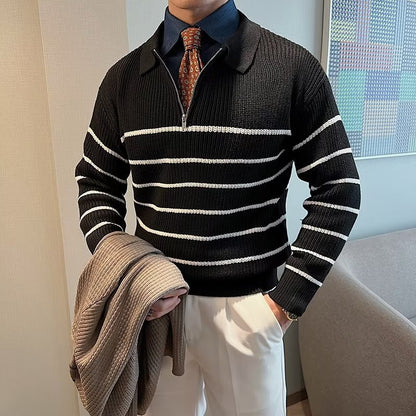 Design Half Zipper Striped Sweater For Men