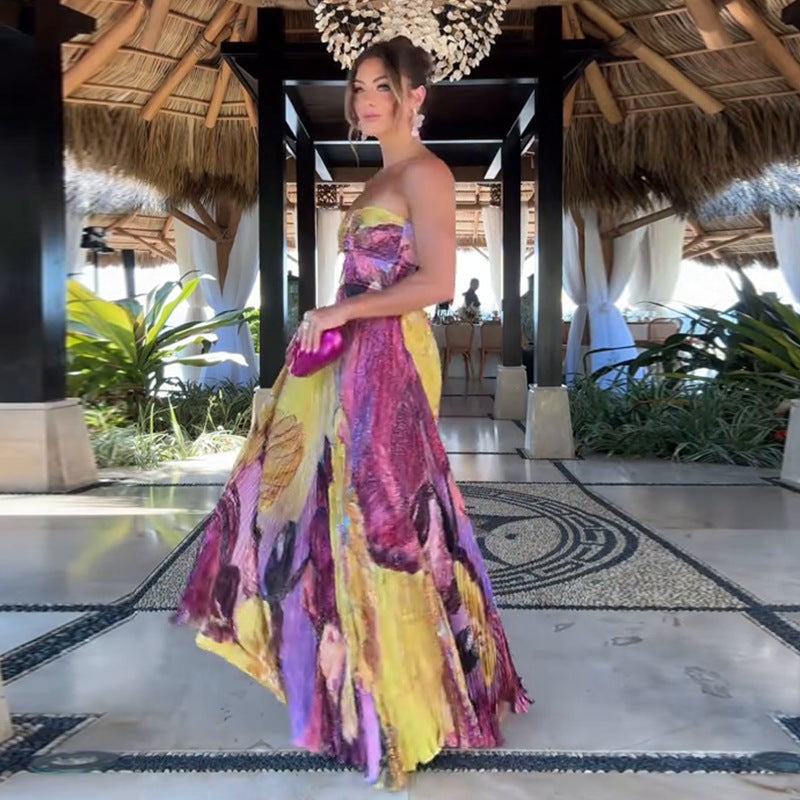 Women's Printed Bandeau Slim-fit Vacation Style Dress