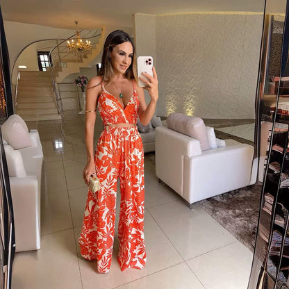 Camisole Holiday Floral Print Vest Elastic-waist Straight-leg Pants Suit Chest Pad