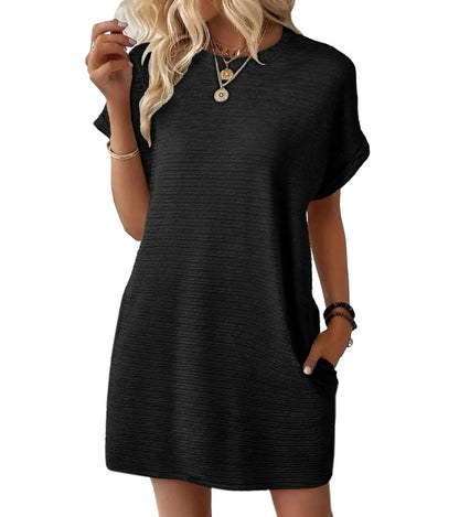 Loose Round Neck Pocket Solid Color Short Sleeve Dress Women