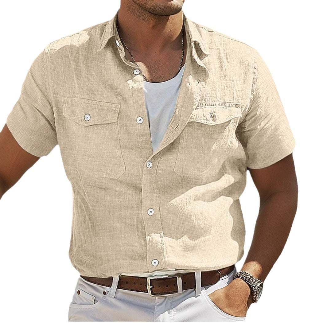 Men's Linen Summer Shirt Beach Solid Color Polo Collar Spring And Summer