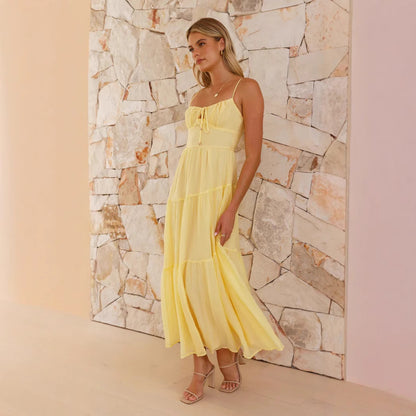 Women's Sleeveless Splicing Sling Long Tie Large Swing Dress