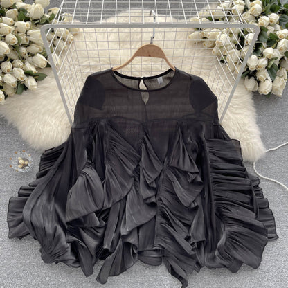 Irregular Ruffled Long-sleeved Chiffon Shirt