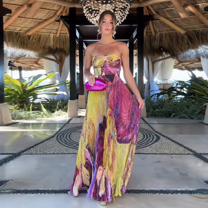 Women's Printed Bandeau Slim-fit Vacation Style Dress