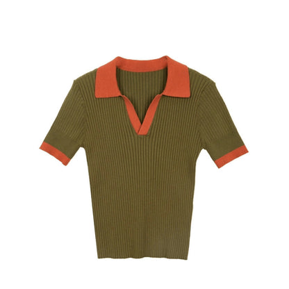 Women's French Retro Color Effect Collar Knitted Short Sleeve