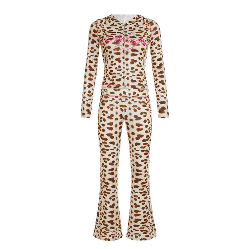 Letter Printing Reverse Car Contrast Color Hooded Zipper Short Sweater Trousers Casual Suit Women