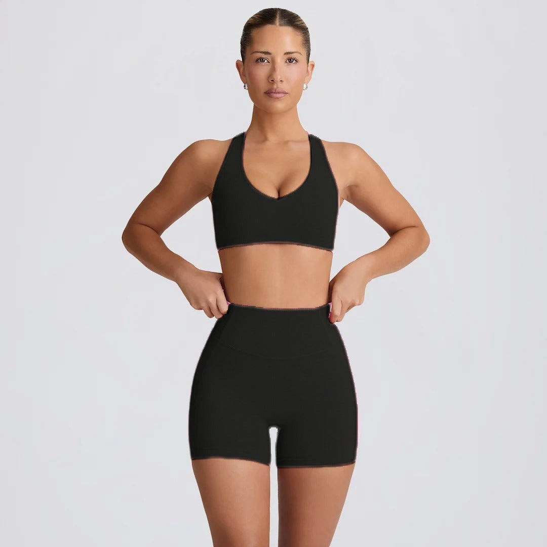 Yoga Suit Peach Hip Nude Feel High Waist Shorts Sports Top Two-piece Set