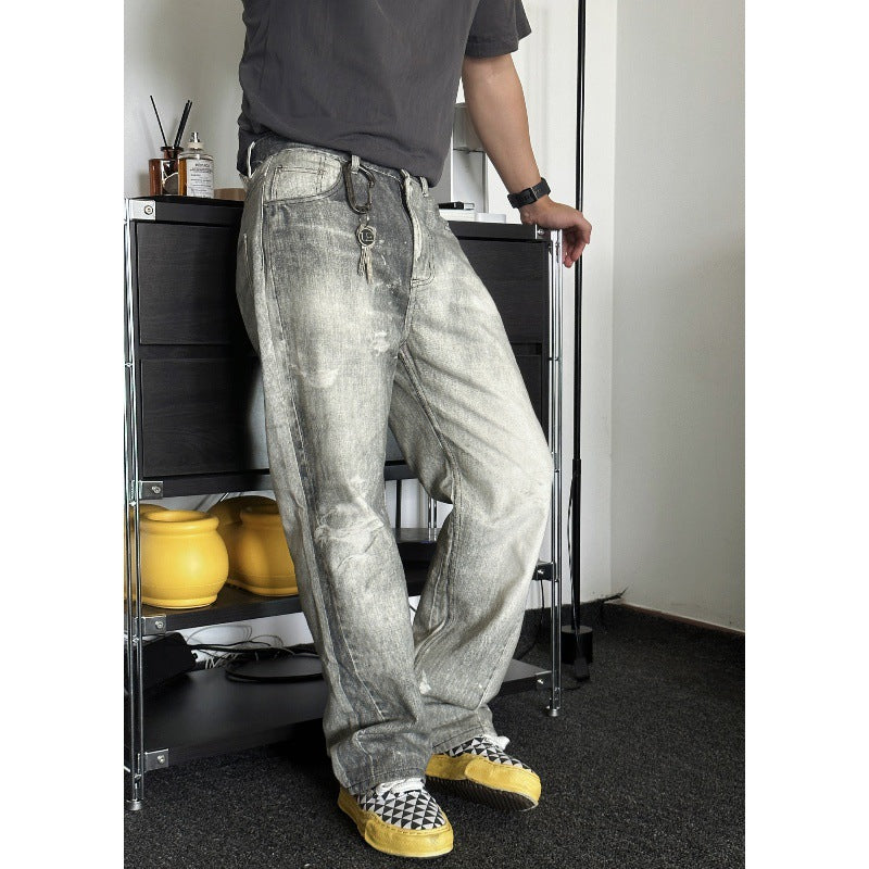 Digital Printed Jeans Gray White Washed Distressed Trousers