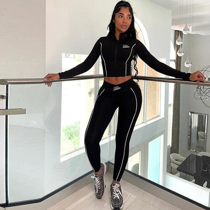 Midriff-baring Long Sleeve Top Slim-fit Sheath Trousers Suit Women