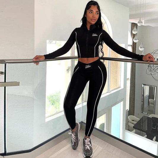 Midriff-baring Long Sleeve Top Slim-fit Sheath Trousers Suit Women