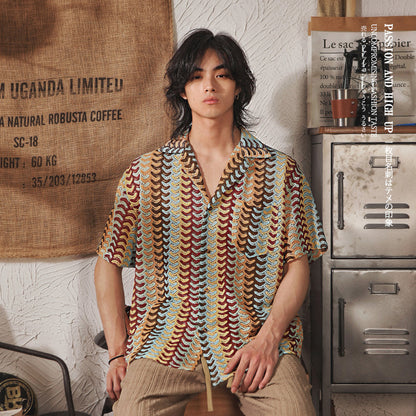 Japanese Style Cuban Collar National Style Hollow Jacquard Color Matching Short Sleeve