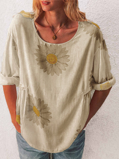 Mid-sleeved Chrysanthemum Cotton And Linen Printed T-shirt Women's Clothing
