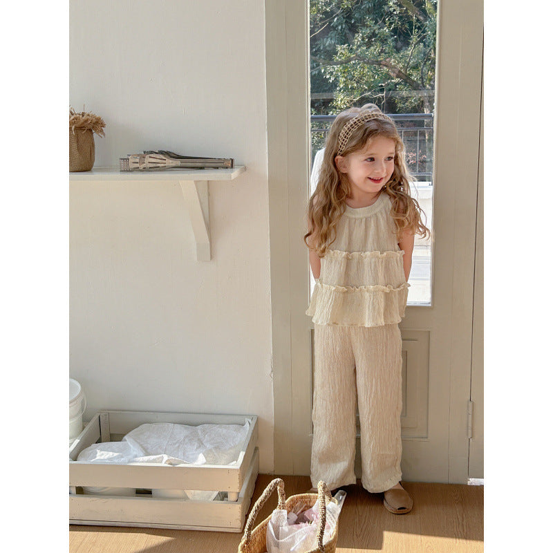 Round Neck Sleeveless Top Baggy Straight Trousers Two-piece Set