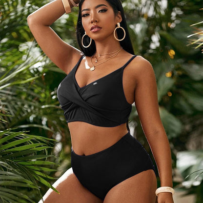 European And American Sexy Plus Size Solid Color High Waist Split Sexy Bikini Swimsuit