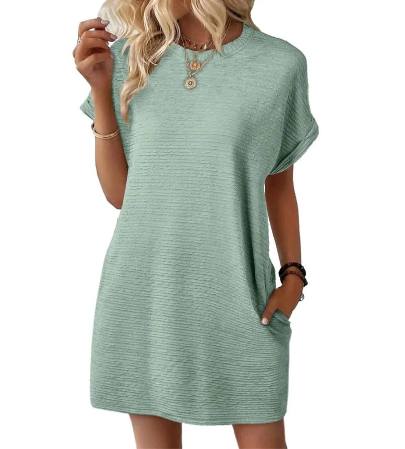 Loose Round Neck Pocket Solid Color Short Sleeve Dress Women