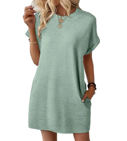 Loose Round Neck Pocket Solid Color Short Sleeve Dress Women