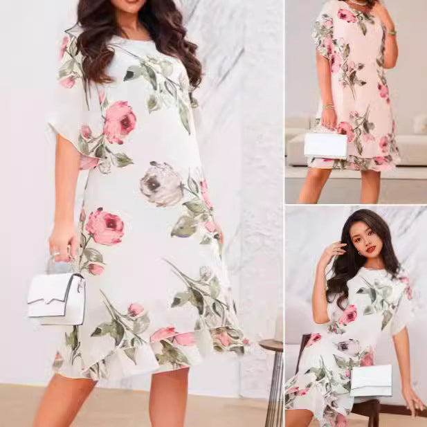 Women's Loose Round Neck Fashion Premium Chiffon Print Dress