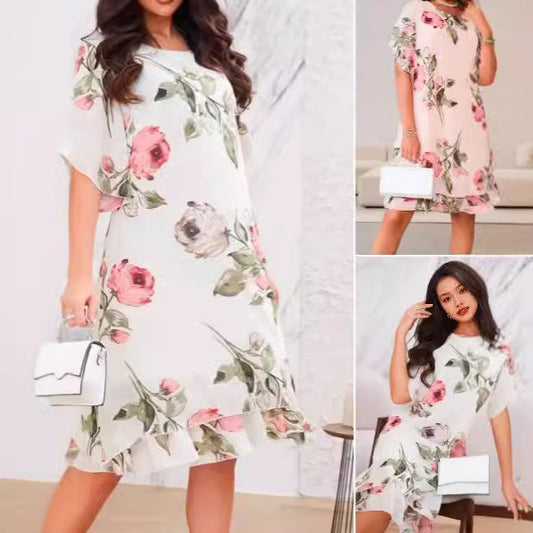 Women's Loose Round Neck Fashion Premium Chiffon Print Dress