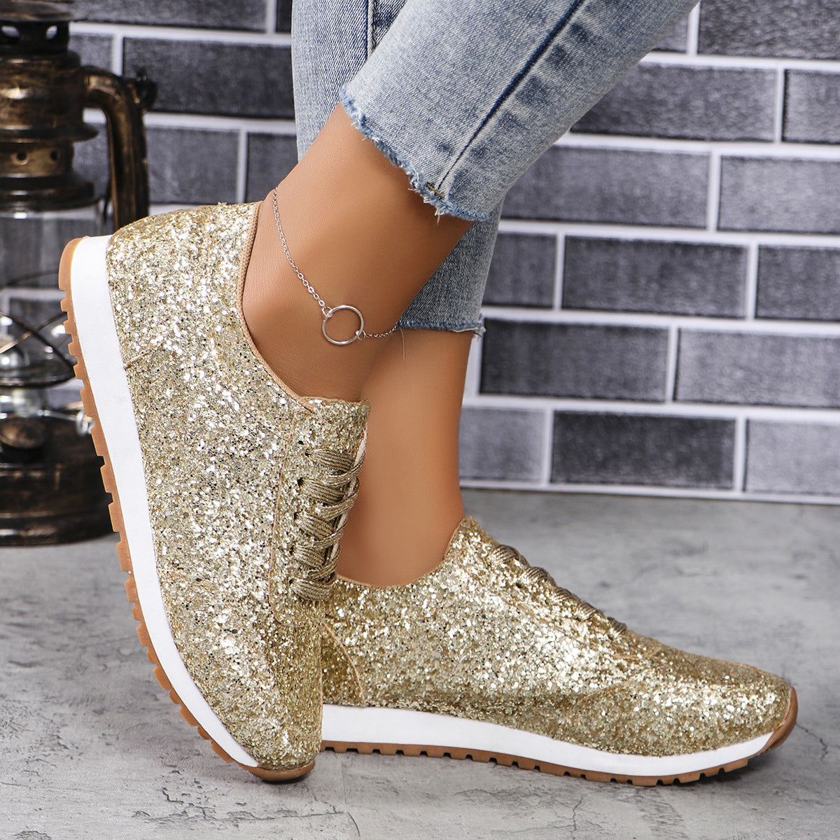 Beautiful Sequin Lace-up Flat Casual Sports Single-layer Shoes Women