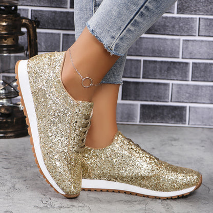 Beautiful Sequin Lace-up Flat Casual Sports Single-layer Shoes Women