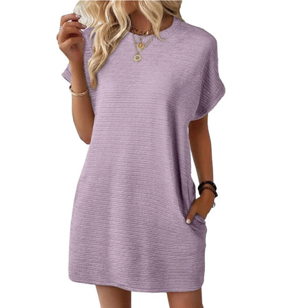 Loose Round Neck Pocket Solid Color Short Sleeve Dress Women