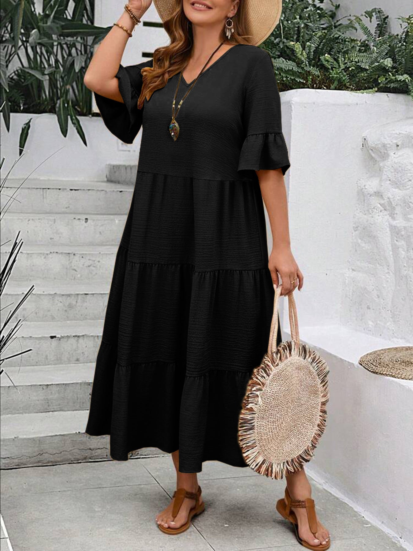 V-neck Stitching Multicolor Long Large Hem Plus Size Dress