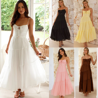 Women's Sleeveless Splicing Sling Long Tie Large Swing Dress