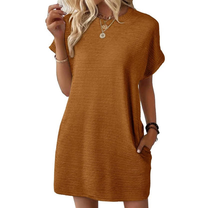 Loose Round Neck Pocket Solid Color Short Sleeve Dress Women