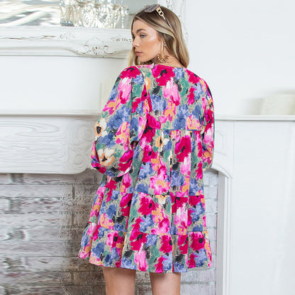 Pullover All-matching Floral Print Dress Women