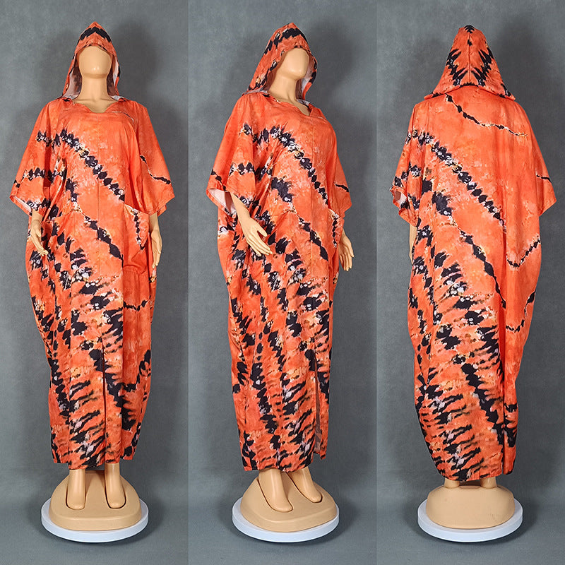 Retro Gown Printed Large Swing Hooded Dress