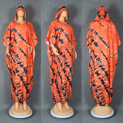Retro Gown Printed Large Swing Hooded Dress