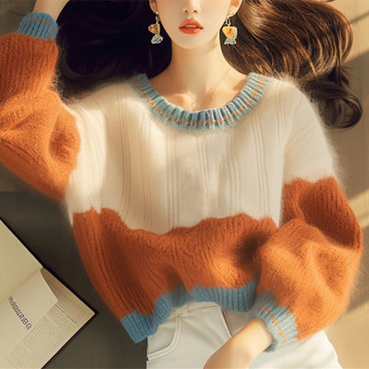 Autumn And Winter New Soft Glutinous Orange Round Neck Stitching Sweater