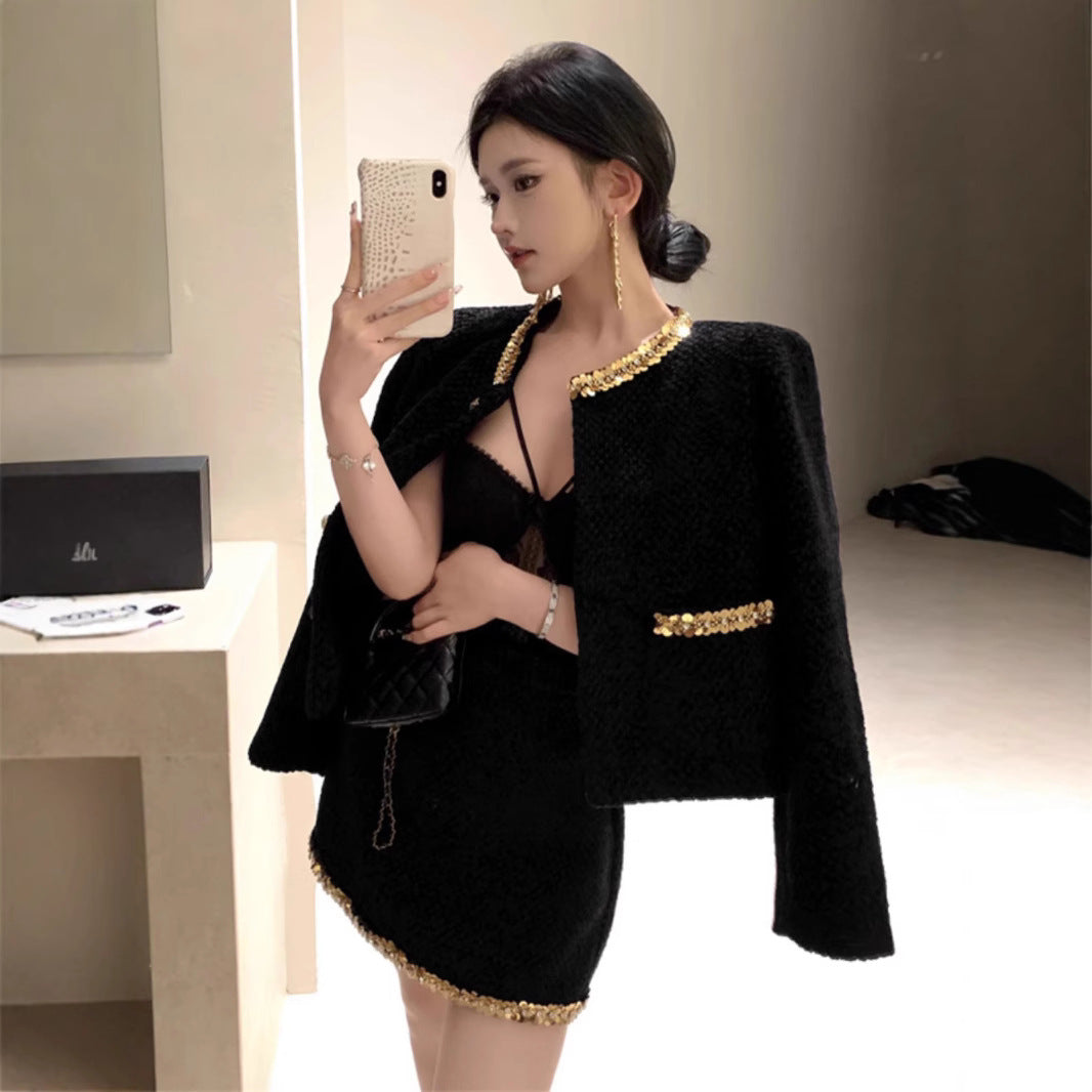 French Rich Lady Black Paillette Woolen Suit