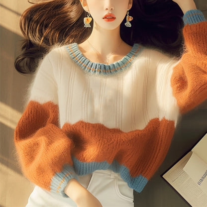 Autumn And Winter New Soft Glutinous Orange Round Neck Stitching Sweater