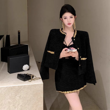 French Rich Lady Black Paillette Woolen Suit